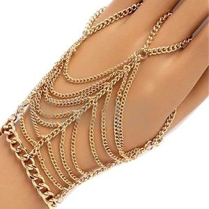 Gold Tone Dangling Hand Chain Harness Bracelet